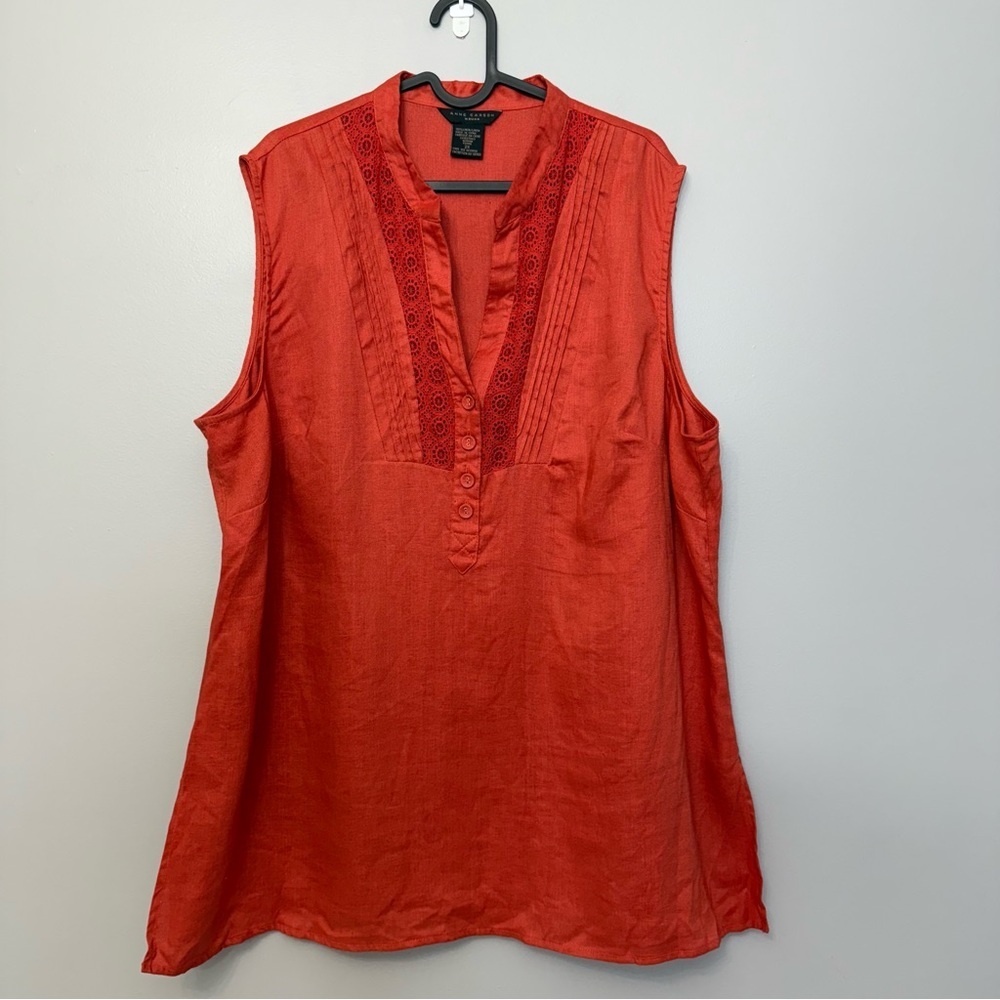 Anne Carson 100% Linen Orange Red Boxy Blouse with Mandarin Collar sz 2X